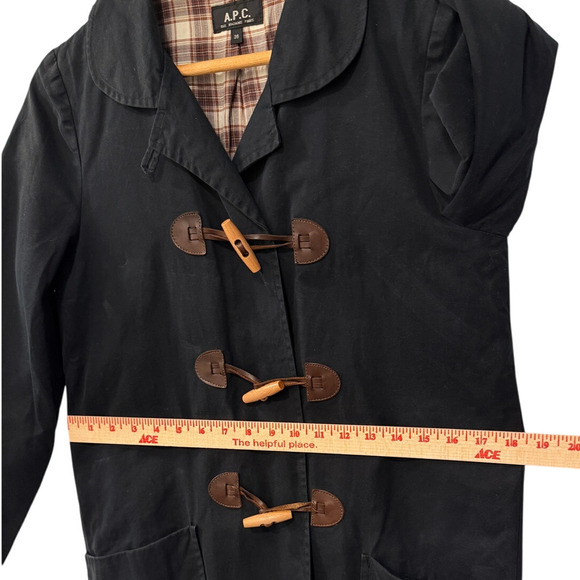 APC Paris S Wax Coated $495 Leather Toggle Duffle Coat Plaid Lined Jacket Black - Picture 10 of 12